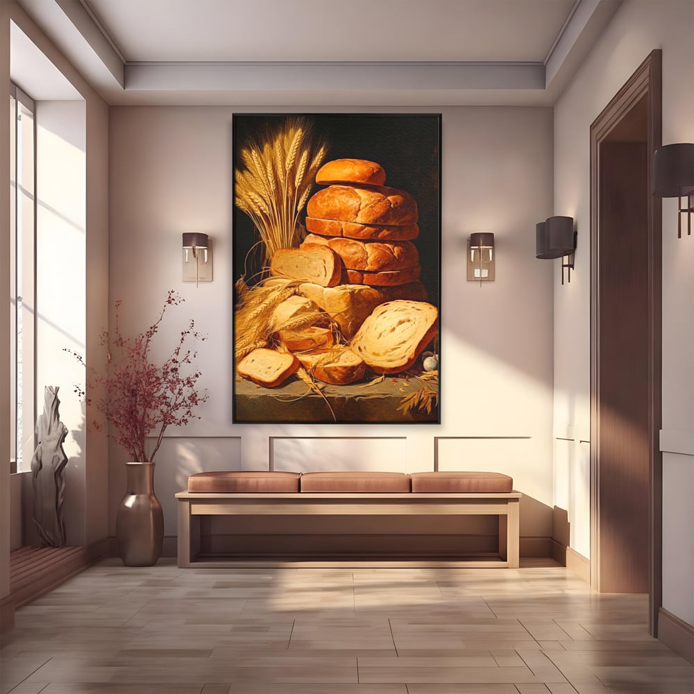 Tablou canvas cu natura moarta cu paine si grau, in rama de aluminiu negru